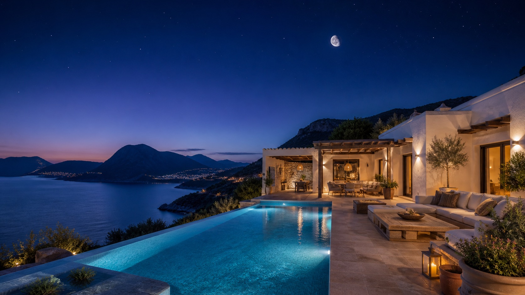 Luxury clifftop villa at night — infinity pool over the sea under a starry sky and crescent moon